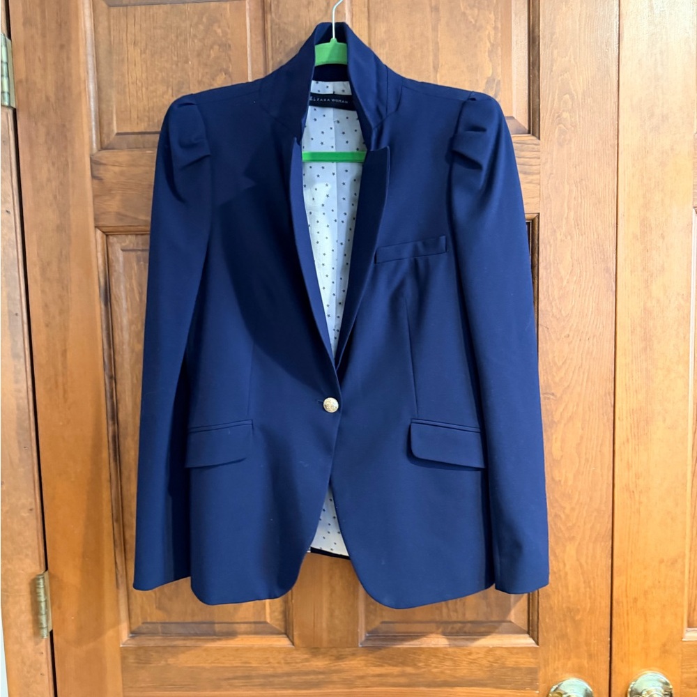 Zara Navy Single-Button Blazer with Gold-Tone Button